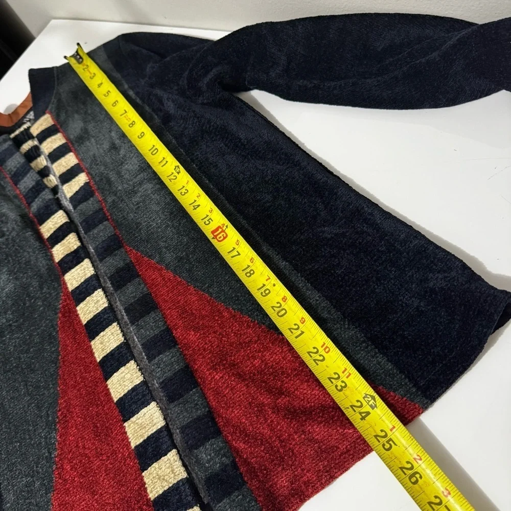 Mina Norton chenille vintage abstract, asymmetric pattern cardigan sweater